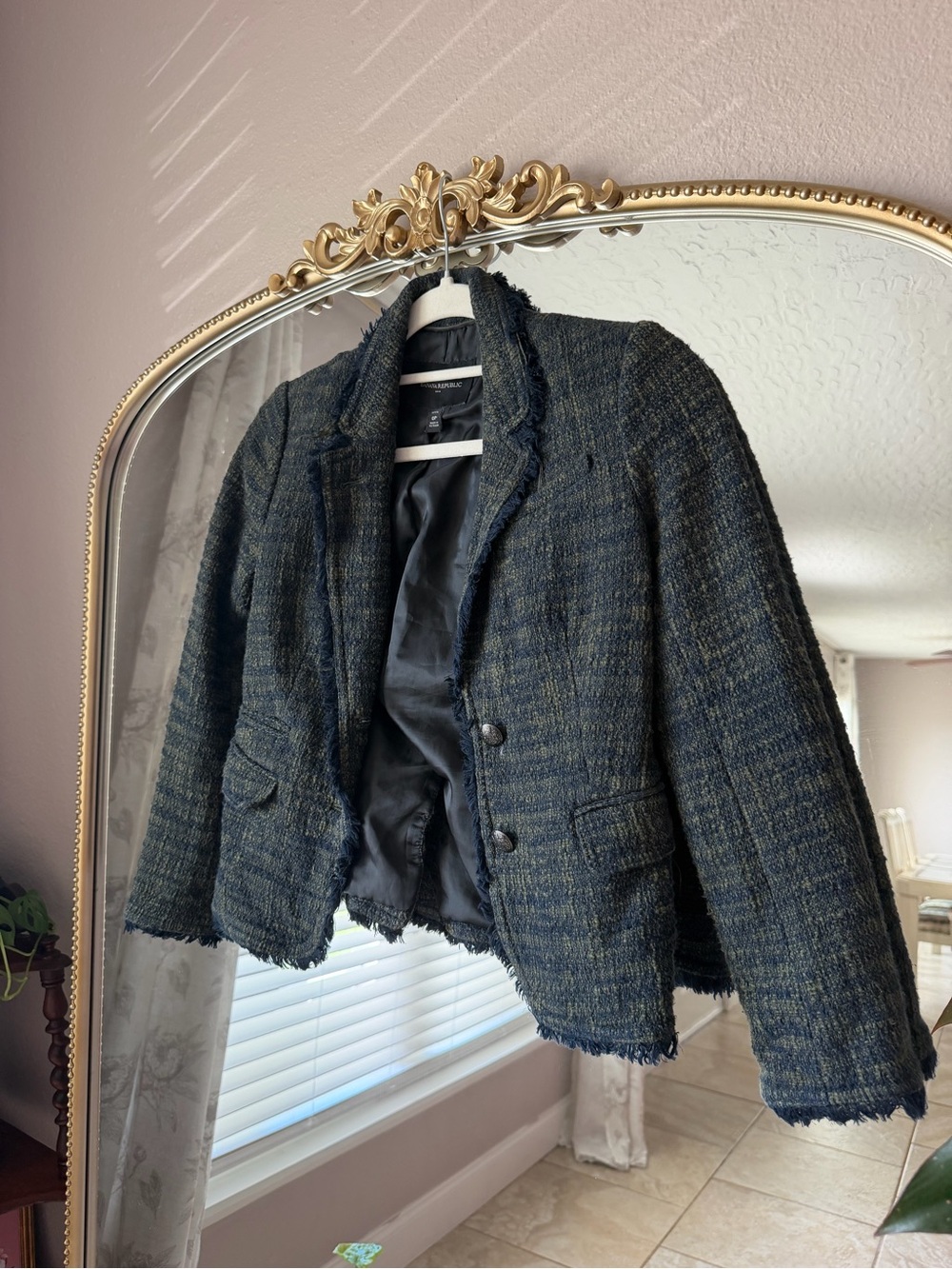 Banana Republic Tweed Frayed-Hem Blazer in Navy and Olive
